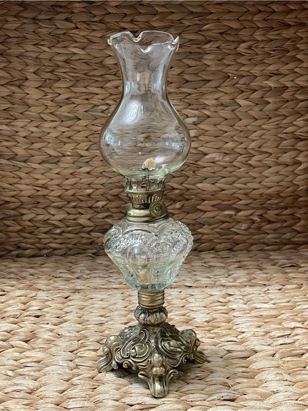 Vintage Pressed Glass and Metal Oil Lamp 11”